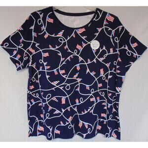 Kim Rogers Shirt Top Size 2X Ladies Short Sleeve Flag Patriotic Print Navy Soft